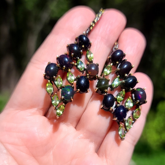 Black Opal & Peridot sterling & Rhodium chandelier earrings - Picture 8 of 13